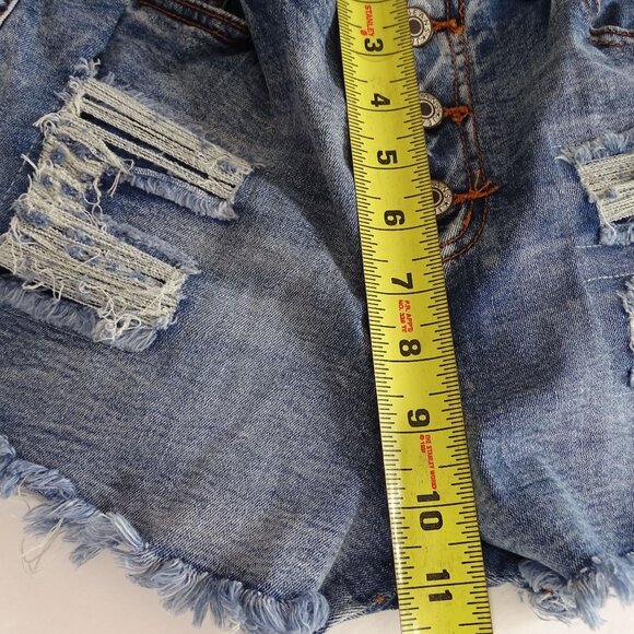Distressed Denim High-Waist Shorts Women Size L Raw Hem Button Fly Ripped - Picture 9 of 10